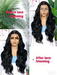 13*4 Spitzenfront Gewellte synthetische Haare Perücke, lange gewellte Perücke mit Vorschnitt geeignet für Frauen. Erschwingliche Perücke, modische Haarverlängerung, Urlaubsperücke für Weihnachten, Heiligabend und andere Feste. Natürliche Haaransatz-Gestaltung, frei teilbar, hergestellt aus hochwertigem synthetischem Material für eine weiche Textur. Geeignet für Anfänger, weibliche Rollenspiel-Partys und den täglichen Gebrauch. - Schwarz - Übersicht 7
