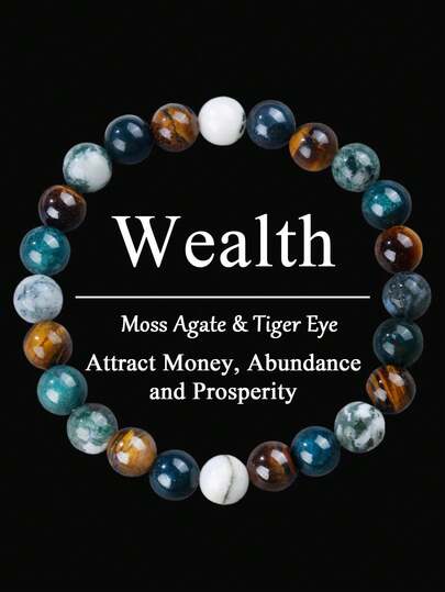 سوار الازدهار - عقيق الطحالب الطبيعي عين النمر، مجوهرات بلورية بسيطة، هدية للرجال والنساء، تجذب الطاقة الإيجابية والنجاح والوفرة والبداية الجديدة