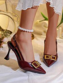 Zapatos de tacón alto con punta puntiaguda y sin talón, hebilla cuadrada de metal estilo francés, tacones de aguja estilizantes y versátiles - Burdeos - Ver 4