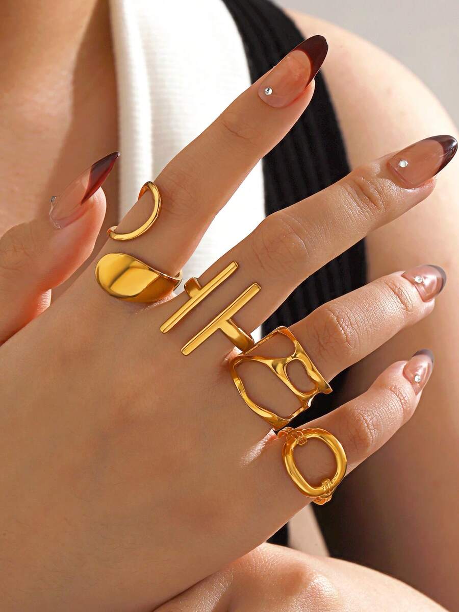 Bộ 4 chiếc nhẫn hình bầu dục tối giản sang trọng bằng thép không gỉ mạ vàng 18K, thiết kế hình giọt nước, thích hợp cho nữ giới đeo hàng ngày, ăn tối, hẹn hò, du lịch, là món quà trang sức đơn giản nhưng thanh lịch. - Nhiều màu - Xem 1