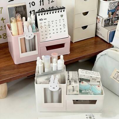 Hộp đựng đồ dùng văn phòng phẩm, mỹ phẩm và vật dụng nhỏ hình thỏ Kawaii dễ thương có ngăn kéo và khung ảnh - Hộp đa năng màu pastel cho văn phòng phẩm và ký túc xá. Phụ kiện bàn làm việc, đồ dùng văn phòng, phụ kiện văn phòng phẩm.