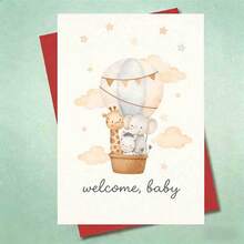 1 Set Welcome Hot Air Balloon Animals Card | Cute Giraffe, Elephant, Zebra Balloon Design With Stars And Clouds For New Arrival Celebrations, Perfect Congratulations Gift For Friends, Colleagues, Family Members(Red/Khaki/Black Available) - Multicolor - View 6
