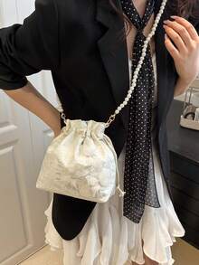 Faux Pearl Mini Bucket Bag, Casual & Crossbody Bag - White - View 5