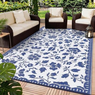 1Pcs Blue Modern Geometric Floral Outdoor Area Rug For Balcony Pool RV Waterproof Reversible Mat Palm Vintage Straw Plastic Camping Carpet For Patio Deck