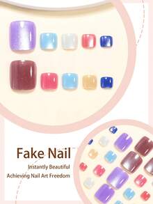 24 piezas Pegatinas de uñas cuadradas cortas con efecto ojo de gato en degradado de colores del arcoíris, set completo de uñas postizas, adecuado para mujeres y niñas, para uso diario en verano, incluye 1 pieza de pegamento para uñas y 1 pieza de lima de uñas mini, entrega aleatoria - Multicolor - Ver 3