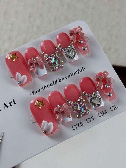 10pcs High-End Sweet Princess Style, Hand-Painted Three-Dimensional Bow, Dazzling Rhinestones Handmade Fake Nails, Ideal For Spring Outings, Sister Date Shopping Trips, And Valentine's Day Events - These Nail Stickers Are Perfect!