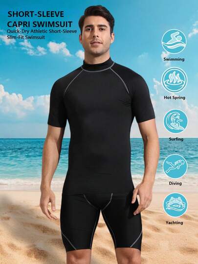 Men's Black Short Sleeve High Collar Compression Protective Suit Set - Swimwear Top Paired With Matching Shorts, Suitable For Beach, Surfing, Swimming And Water Sports