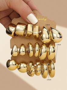 3pairs/9pairs Fashion Golden Plating Chunky Hoop Earrings Set For Women, Lightweight Plastic Material, Teardrop & Twist Design,Fashion Jewelry Gift - Gold - View 5
