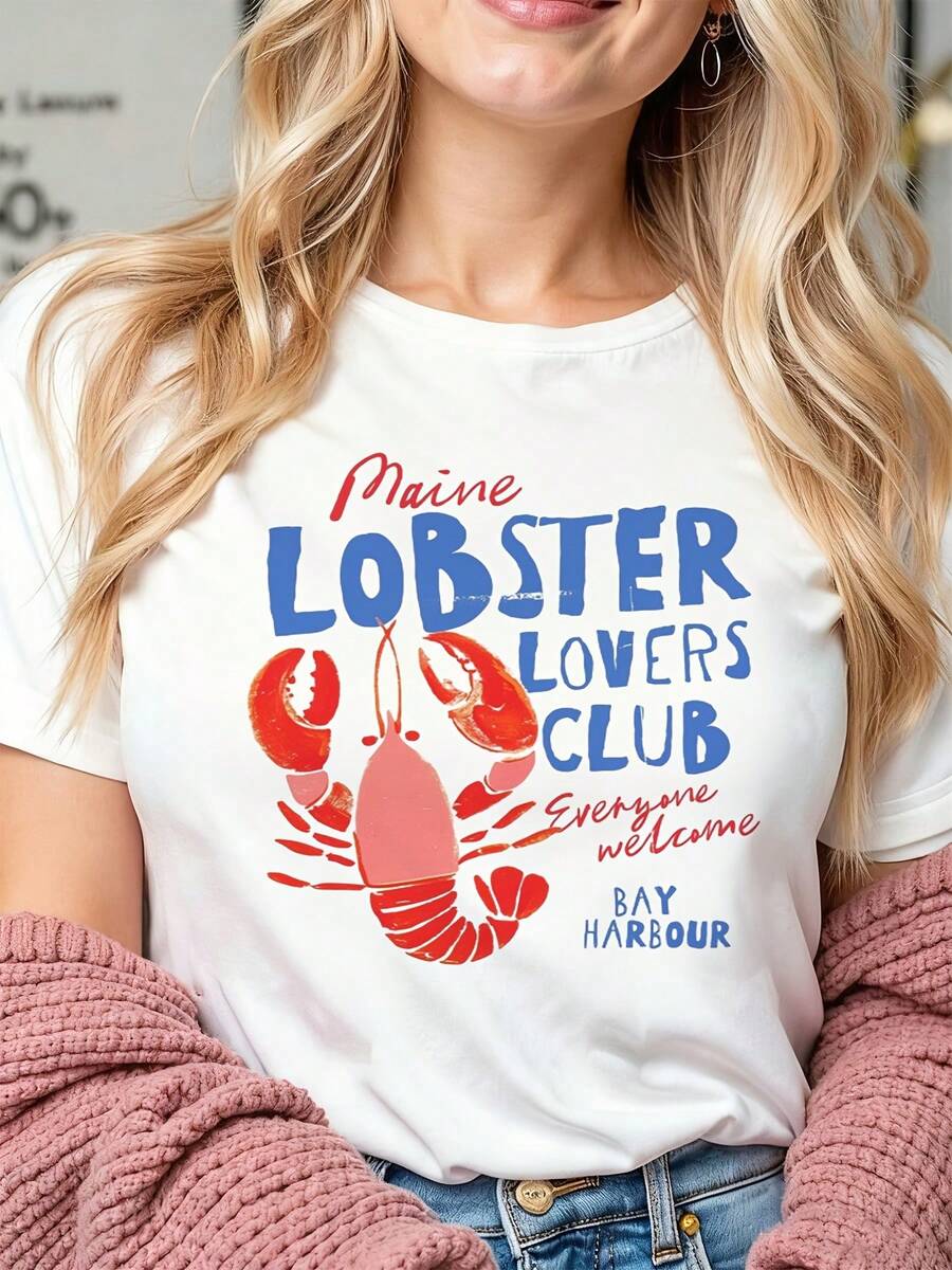 1pcsMaine Lobster Lovers Club Graphic Tee - White T-Shirt Featuring Red Lobster Illustration With 'Maine' And 'LOBSTER LOVERS CLUB' Text In Vibrant Colors | Perfect For Seafood Enthusiasts And Casual Outings | Everyone Welcome Script In Cursive, Bay Harbour Detail | Only One Piece Of Clothing180gsummer Tops,Graphic Tees Women,Beach Outfits For Woman - trắng - Xem 1