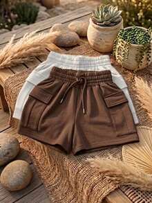 Kit Of 2 Women's Cargo Shorts, Lightweight Fleece, Loose Fit, Comfortable Cotton Fabric, Cargo Style, Perfect For Tea Parties And Summer. - 咖啡棕 - 查看 1