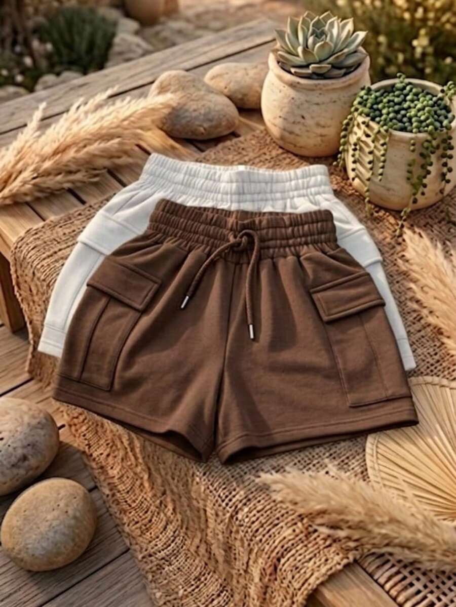 Kit Of 2 Women's Cargo Shorts, Lightweight Fleece, Loose Fit, Comfortable Cotton Fabric, Cargo Style, Perfect For Tea Parties And Summer. - 咖啡棕 - 查看 1