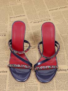 Giày sandal cao gót hở mũi đính đá lấp lánh thời trang dành cho nữ, sandal gót nhọn hở gót gợi cảm, thích hợp cho tiệc tùng, đám cưới, hộp đêm. - Màu xanh lam - Xem 2