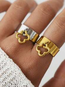 Frminee 2 piezas/1 pieza Anillo de trébol vintage de acero inoxidable, joyería de mujer chapada en oro de 18K, regalo de anillo de trébol, accesorios de playa con encanto para mujer - Multicolor - Ver 2