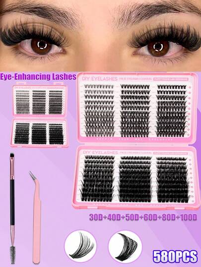 580PCS Clusters D Curl Fake Eyelashes High Capacity Suit(Premium Eyelash Brush & Tweezer – Free Gift) For Thick Fluffy, Natural Look Eyes Makeup Beauty, DIY At Home Large Capacity Individual Eyelashes Book For Beginner