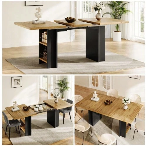 Mesa de comedor telescópica (120-160*80cm), mesa con estantes, mesa de cocina, mesa extensible, se puede extender hasta 120-160cm mediante extensiones internas, para cocina y salón, color madera. - Caqui - Ver 1