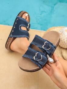 Sandal Datar Wanita Modis, Sol Lembut, Ringan, Dapat Diatur, Gesper Ganda, Sol Tebal - Cocok untuk Dipakai di Dalam, Luar Ruangan, dan Pantai, Musim Semi/Panas - Navy Blue - View 7