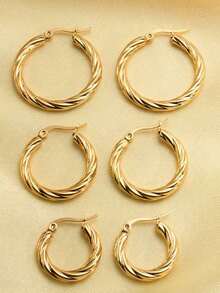 6pcs Women's Vintage Inspired Exaggerated Round Textured Stainless Steel Hoop Earrings Set, Fashionable & Non-Fading - Gold - View 2