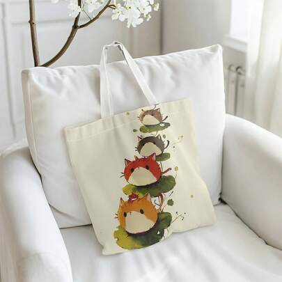 1个印花帆布手提袋，适合旅行、购物、工作、上学，大容量手提包/单肩包，卡通印花设计，结实耐用的提手