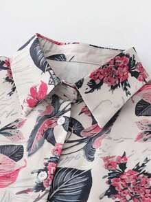 2pcs Vintage Print Set, Comfortable & Versatile, With Lapel Wide-Leg Pants; Suitable For Airport, Island Vacation Or Daily Shopping Spring - Pink - View 7
