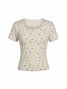 Women's Sweet Floral Ruffle Trim Square Neck Short Sleeve T-Shirt, Summer - Apricot - View 8