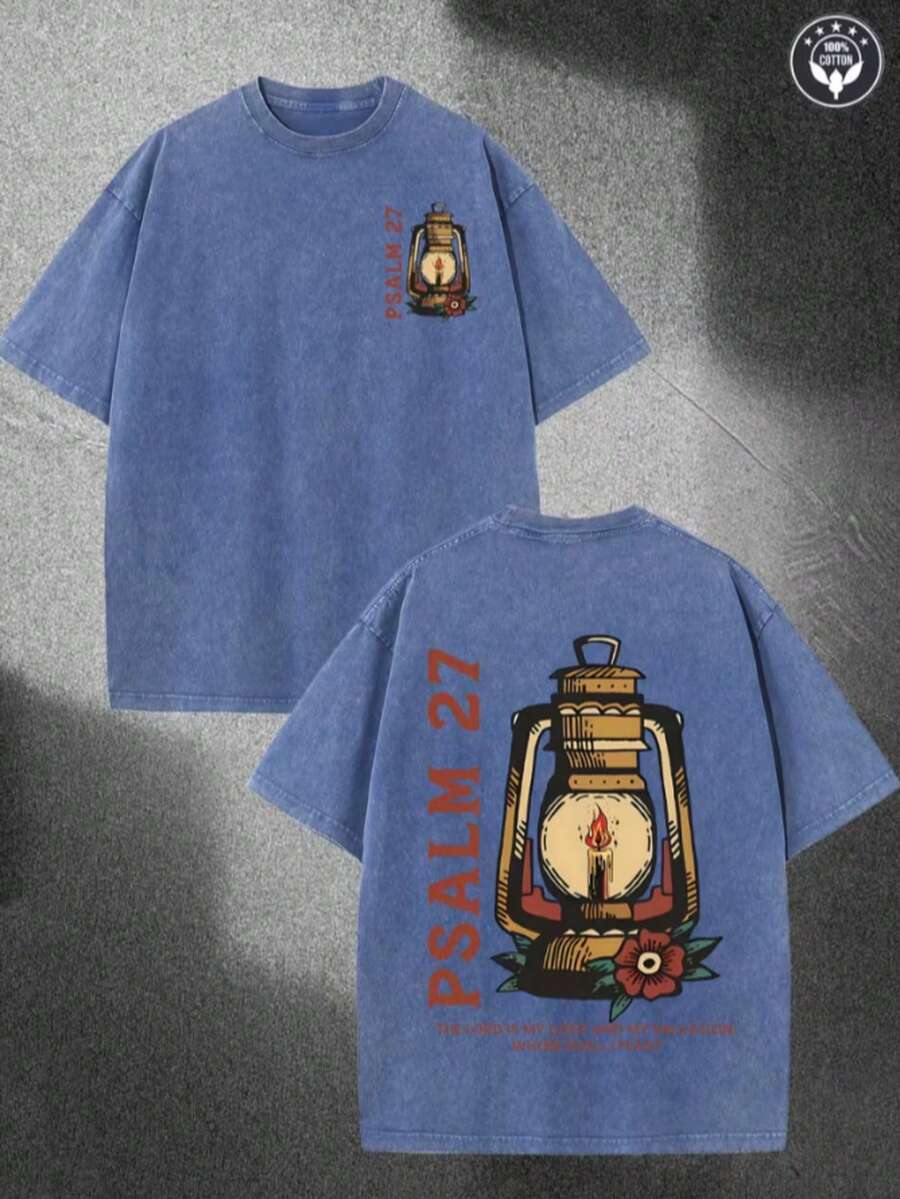 Double-Sided Washed With Flame,Christian,Religious Faith Printing, High-Quality Wax Printed Cotton Retro Fashion,Suitable For Summer T-Shirt,For Gift - 藍色 - 查看 1