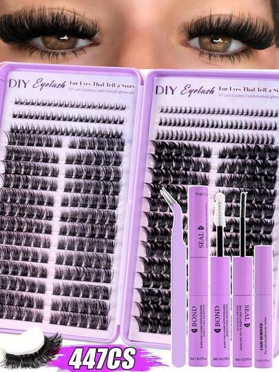 MEM 447pcs False Eyelashes Set, High Capacity, Lower Lashes + 120pcs + 150pcs D-Curl, 8-16mm, DIY Fake Lashes, Natural Look, Thick & Long, Super Soft & Light, Reusable, Individual Lashes, Lash Extension Kit Includes Makeup Tools, Glue, Lash Curler & Brush, Suitable For Home Or Outdoor Use, Suitable For Daily Life, Wedding, Date, Party, Music Festival, Halloween, Etc.