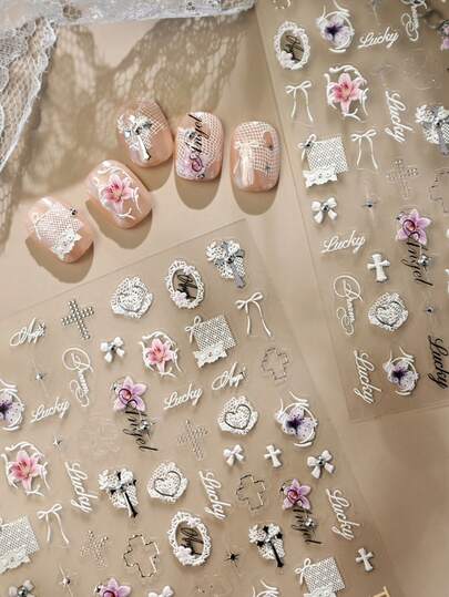 1片5D立体压纹银箔美甲贴纸，复活节春季白色蕾丝十字百合自粘美甲贴，DIY美甲用品，美甲师必备，女士美甲装饰配件，美甲设计