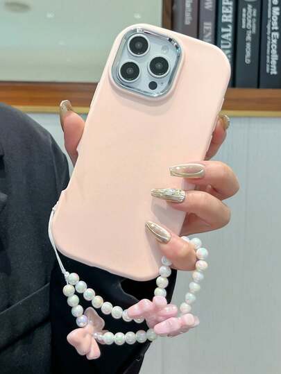 1个柔软粉色手机壳，配有炫彩珍珠蝴蝶结链，防震保护套，防震、防滑、防刮擦，兼容苹果17 Pro Max、17/16/15/14/13/12/11系列、S20-S25系列、Note 14/13/12系列和A56 5G，是情人节/新年礼物的完美之选。