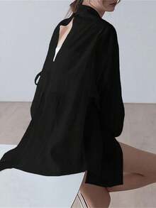 女士夏季长袖露背系带透视衬衫 黑色 - 黑色 - 查看 5
