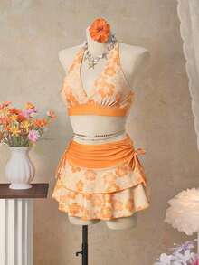 Bellisia 26ss Spring/Summer Vacation Beach Orange Halter Triangle Top & Mini Skirt Bikini 3 Pieces Set , Women's Summer Beach Music Festival Flower Print Skirt Halter Casual Vacation Style Bikini 3-Piece Set, Spring Outfit Women, Skirt Swimwear Set Orange Two Pieces Set Summer Two Pieces Set Summer Skirt And Top Set Vacation Outfits Woman Skirt Set 2000s Dress - 粉色 - 查看 1