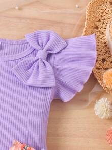 2pcs Baby Girls Cute Flutter Sleeve Printed Top And Shorts Set, Summer - Mauve Purple - View 5