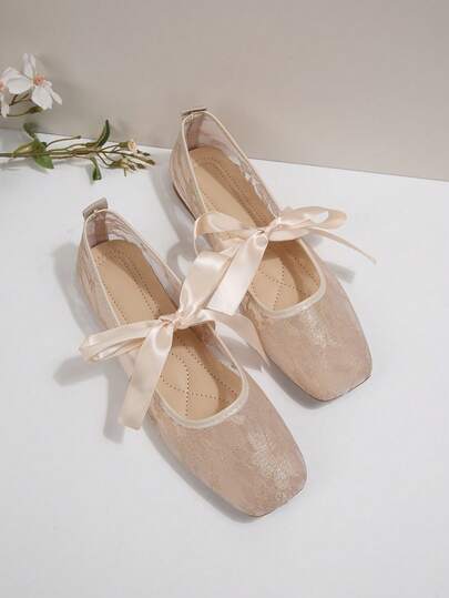 复古优雅裸色蕾丝鞋，方头蝴蝶结套脚透气夏季女鞋