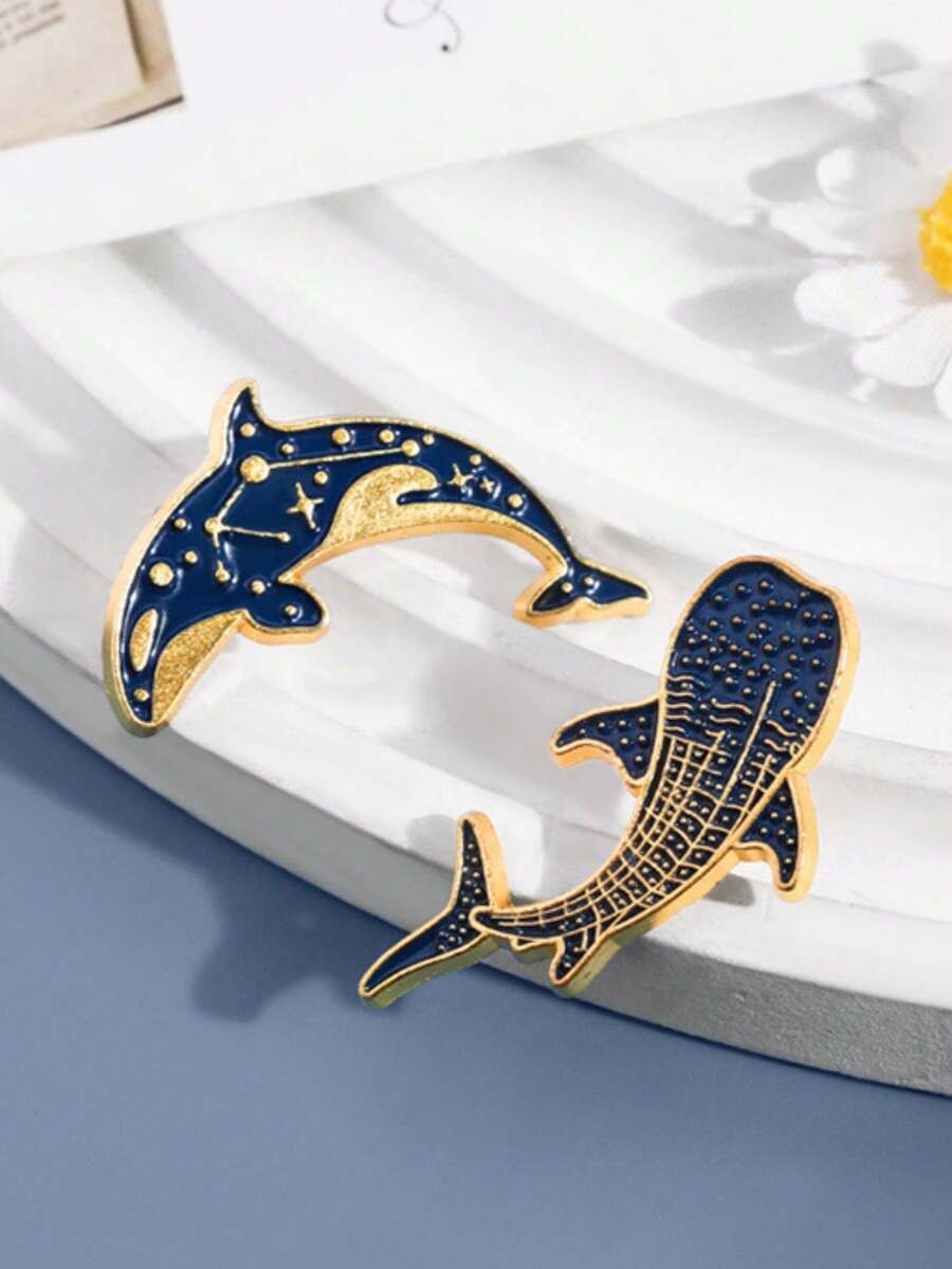 新款时尚可爱海豚鲸鱼胸针套装个性化合金别针流行包包配饰 - 彩色 - 查看 1