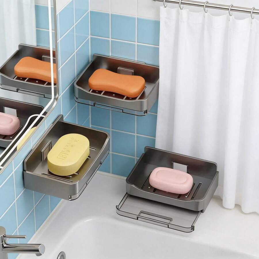 1 khay đựng xà phòng treo tường, không cần khoan lỗ, nhiều tầng bằng nhựa dùng cho phòng tắm và giặt giũ, dung tích lớn, thiết kế thoát nước cho vòi sen và ban công, phụ kiện phòng tắm | Giá đựng xà phòng hiện đại | Nhựa bền, kệ đựng xà phòng - nhiều màu - Xem 1