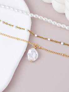3pcs Elegant Simulated Pearl Multi-Layer Necklace Set, Suitable For Women's Daily, Date, Party, Fashionable Jewelry Accessories - Yellow Gold - View 3