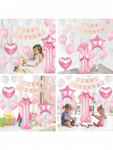 1set Girl's First Pink Bow Birthday Decoration, Light Pink Transparent White Bow Printed Top Hat Balloon, Pink Number 1 Balloon With Bow, Star Shaped Aluminum Foil Balloon Banner, Suitable For Baby's 1st Birthday Party Decoration - Multicolor - View 4