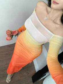 abyoxi 女士橙色渐变网纱拼接露肩长袖修身中长连衣裙，性感优雅，适合约会、派对、晚宴、情人节、春夏等场合。 - 橘色 - 查看 5