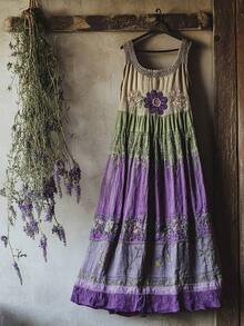Women's Plus Size Boho Maxi Dress, Sleeveless V Neck Embroidered Patchwork Casual Dress (Multiple Patterns Available) - Black Purple - View 7