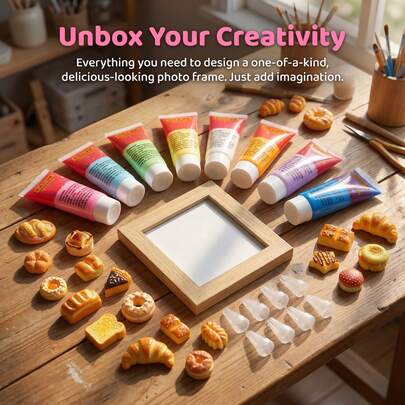 8 couleurs Faux Crème Gel (50g/Tube), comprend un cadre carré de 4 pouces, 10 douilles à poche, 10 accessoires décoratifs, kit de cadre DIY/décoration artisanale, décoration créative faite main adhésive