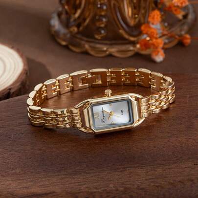 xinyunkou 优雅通勤全金女士腕表，复古绿色表盘方形石英腕表