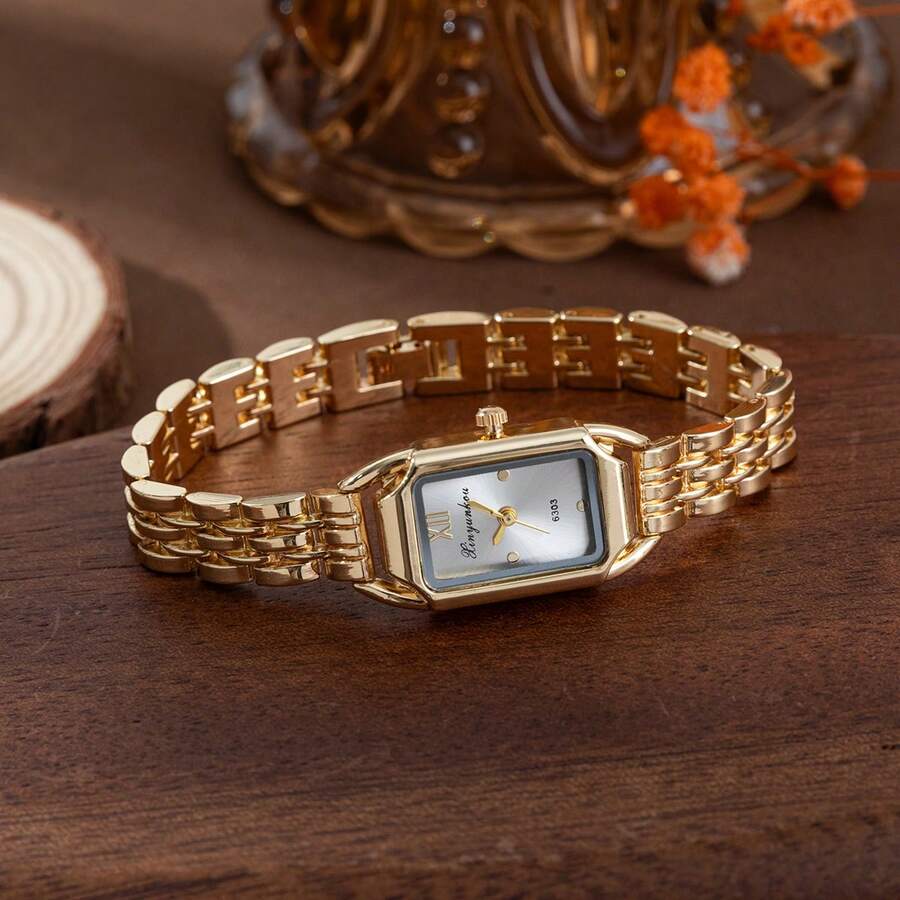 xinyunkou Đồng hồ nữ Elegant Commuter mạ vàng toàn bộ, mặt số màu xanh lá cây cổ điển, đồng hồ đeo tay vuông chạy máy thạch anh. - Vàng - Xem 1