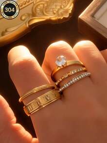 Bộ nhẫn Znice 2026 mới, mạ vàng 18K, thép không gỉ, thiết kế tối giản, đính đá lấp lánh toàn bộ hình hoa, có thể đeo chồng lên nhau, thích hợp cho tiệc tùng, làm quà tặng, đeo hàng ngày, nhiều dịp khác nhau, làm trang sức, chống thấm nước và chống phai màu, thích hợp đeo khi đi biển. - Vàng 4 - Xem 3