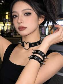 1 Set Black Leather Rivet Decor Choker & Bracelet Combo, Sexy Edgy Personalized Jewelry For Party, Music Festival, Street Punk Style, Layered Outfit Accessory, Holiday & Birthday Gift - A - View 1