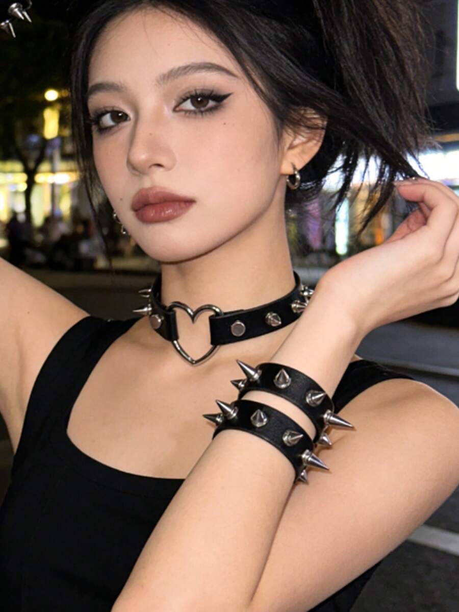 1 Set Black Leather Rivet Decor Choker & Bracelet Combo, Sexy Edgy Personalized Jewelry For Party, Music Festival, Street Punk Style, Layered Outfit Accessory, Holiday & Birthday Gift - A - View 1