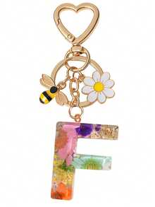 1pc Initial Letter Cute Bee & Flower Keychain, Heart Shaped Daisy Keyring Accessory, Decoration For Women Handbag Gift - Color - View 16