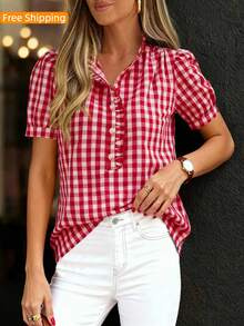 Puff Sleeve Striped Ruffle Blouse V Neck Button Front Summer Top Chic Casual Work Office Outfit For Women - 紅色格子 - 查看 2