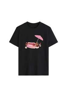 Women's T-Shirt With Cute Hot Dog Print, 100% Cotton, Breathable And Lightweight, Summer Graphic Tee For The Beach, Suitable For Vacation, Casual Outings And Coastal Fashion. - Back - View 2