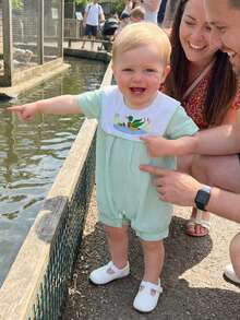Baby Girl Summer Jumpsuit Short Sleeve Round Neck Duck Embroidery Stripe Romper For Outdoor Daily Wear - 綠色 - 查看 4