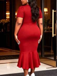 Elegant Red Mid-Length Mermaid Hem Bodycon Dress, 3D Rose Ruffle Short Sleeve Round Neck, Suitable For Summer Gala, Party, Mother's Day Wedding Spring - Red - View 2