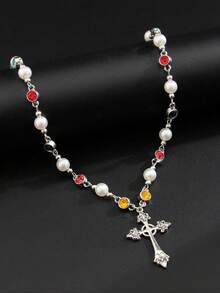 Colgante de cruz vintage punk para hombres con cadena de strass, material de aleación, estilo bohemio, regalo perfecto para todas las estaciones, collar de cruz copta, collar con dije de cruz - Plateado - Ver 1